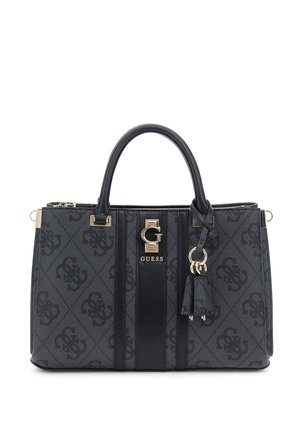 Borsa nera con motivo logo, dettagli in pelle, due manici superiori, chiusura a zip, hardware dorato e un portachiavi rimovibile.