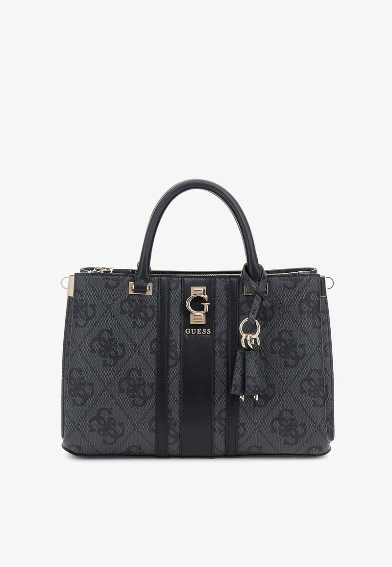 Sac à main noir avec motif en logo, accents en cuir, deux poignées supérieures, fermeture éclair, quincaillerie dorée et porte-clés détachable.