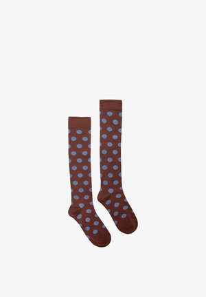 Paire de chaussettes hautes marron avec de grands pois bleu clair, posées à plat sur un fond blanc.