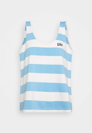 Blue and white striped tank top made of cotton, featuring a rounded neckline and the GAP logo in dark blue on the left.