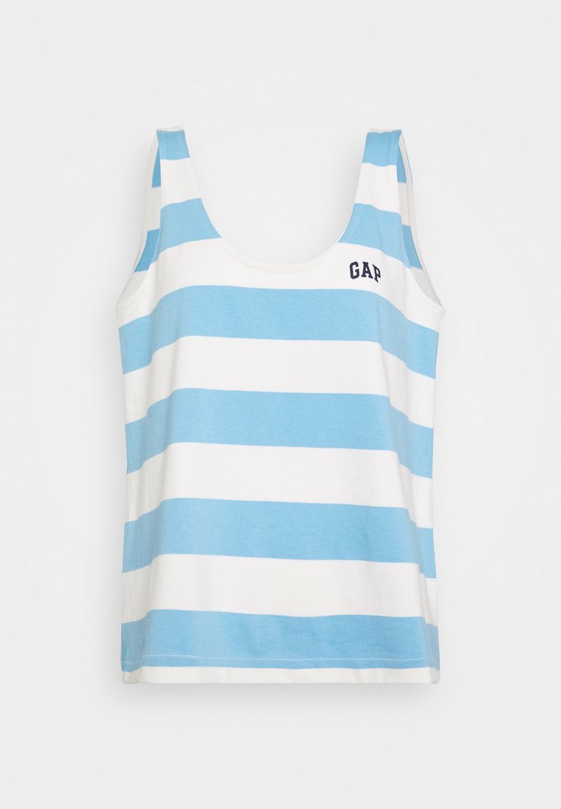 Débardeur à rayures bleues et blanches en coton, avec un col arrondi et le logo GAP en bleu foncé sur la gauche.
