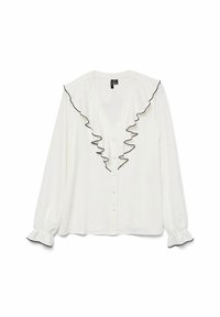 Blouse blanche avec un col froncé et des finitions noires, manches longues avec des poignets élastiques et une fermeture à boutons sur le devant. Tissu doux et texturé.