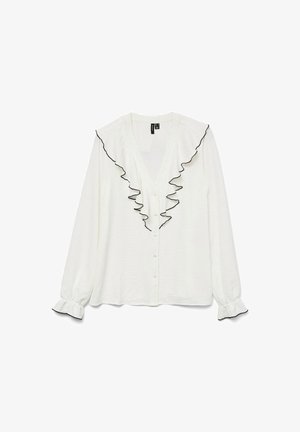Witte blouse met gerimpelde halslijn en zwarte accenten, lange mouwen met elastische manchetten en een knoopsluiting aan de voorkant. Zacht, gestructureerd materiaal.