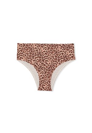 Hoge taille damesbikinibroekje met luipaardprint in tinten bruin en beige op een witte achtergrond.