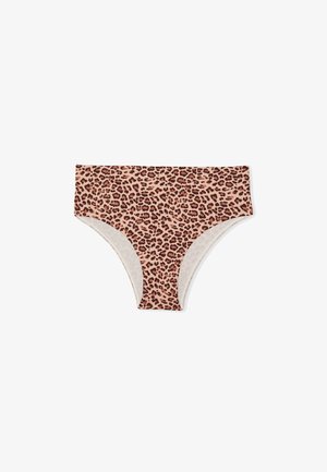 Hoge taille damesbikinibroekje met luipaardprint in tinten bruin en beige op een witte achtergrond.