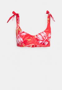 Top de biquíni vermelho com padrões tropicais em branco e bege, apresentando alças ajustáveis e um design estruturado.