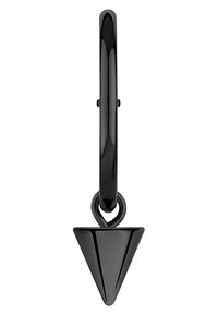 Schwarzer Creolenohrring mit einem dreieckigen Anhänger. Glänzende Oberfläche, mit scharfen Kanten und einer offenen Schlaufe zur Befestigung. Minimalistisches Design.