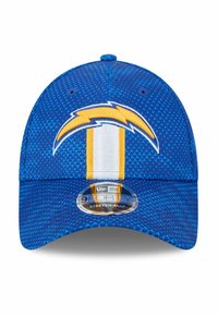 Blaues Baseballcap mit gelbem und weißem Blitzlogo, strukturiertem Muster und einem "9FORTY Stretch-Snap"-Aufkleber auf dem Schirm.