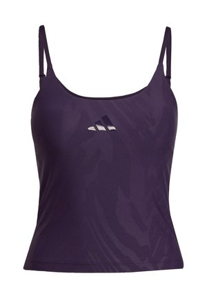 Purple sports top with spaghetti straps, featuring a subtle pattern and a small white logo at the center front. Smooth, lightweight fabric.