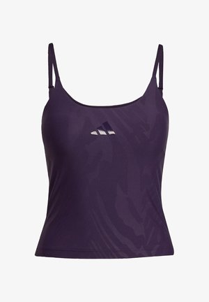 Paarse sporttop met spaghettibandjes, voorzien van een subtiel patroon en een klein wit logo op de voorkant in het midden. Gladde, lichtgewicht stof.