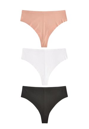 Trzy bezszwowe damskie stringi w kolorach beżowym, białym i czarnym, wyświetlone pionowo na białym tle.