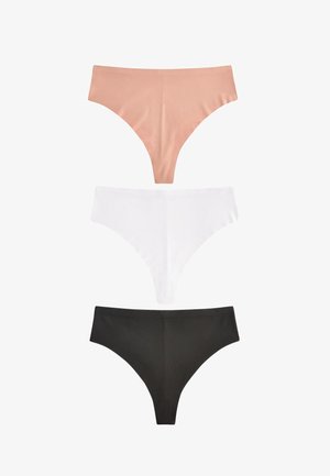 Drie naadloze damesstring in beige, wit en zwart, verticaal weergegeven op een witte achtergrond.