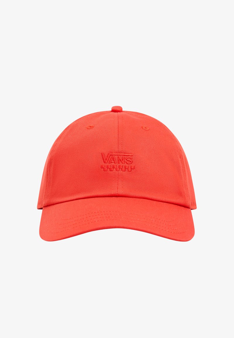 Rød bomulds Hue med en rund skygge, broderet "VANS" logo fortil og ventilations øjer på siden. Glat tekstur.