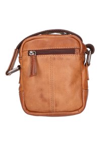 Borsa a tracolla in pelle marrone con tasca frontale con zip, di forma rettangolare e finitura texturizzata. Presenta una tracolla e accessori metallici.