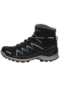 Black hiking boot with blue accents, mesh and textile upper, reinforced toe, padded collar, and a rugged rubber outsole for traction.