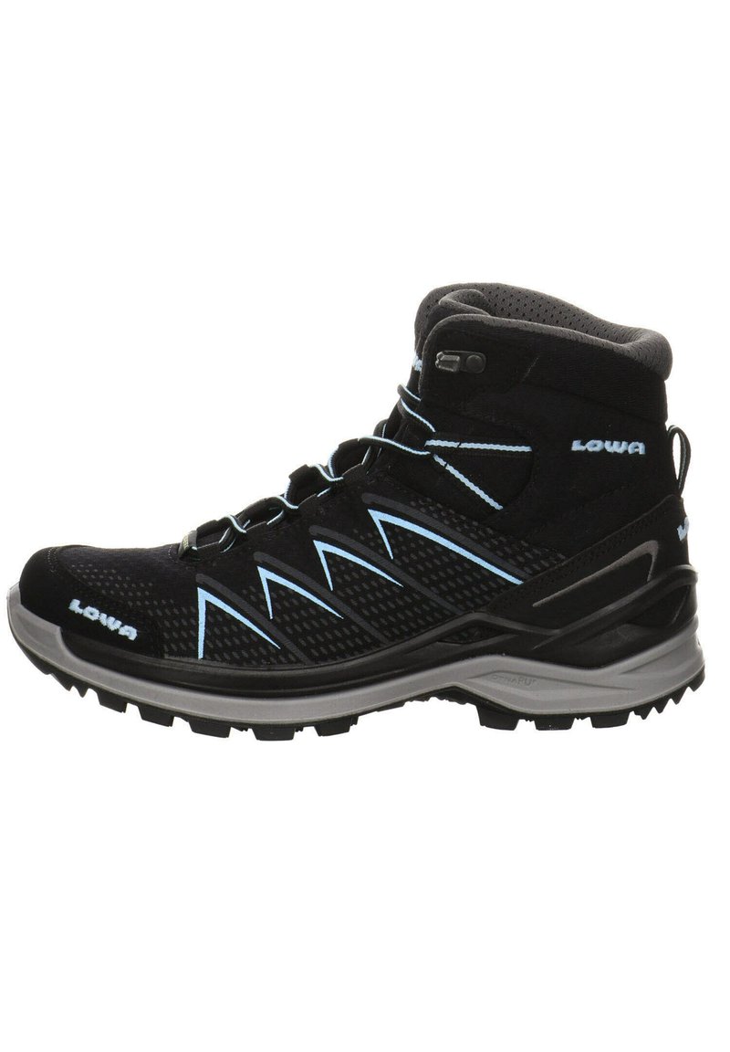 Black hiking boot with blue accents, mesh and textile upper, reinforced toe, padded collar, and a rugged rubber outsole for traction.