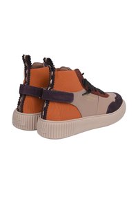 Colorful high-top sneakers featuring orange, beige, and purple panels, a textured sole, and a rounded toe with contrasting stitching accents.