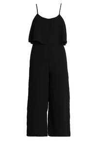 Czarny kombinezon o rozszerzanym kroju, z cienkimi ramiączkami i warstwową górą. Materiał jest gładki i bez zdobień, co dopełnia minimalistyczny wygląd.