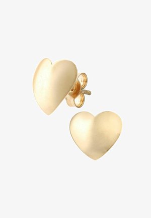 Zlaté náušnice v tvare srdca so hladkým povrchom a lešteným povrchom, vybavené bezpečným uzáverom na kolíkový systém.