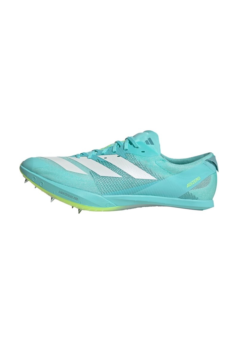 Lightweight turquoise running shoe with white stripes, textured mesh upper, green outsole, and metal spikes for traction.