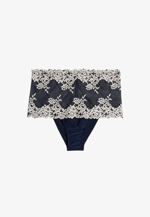 Marine ondergoed van een gestructureerde stof, met een brede kantentailleband in lichtbeige met bloempatronen. Soepele afwerking op het lichaam.