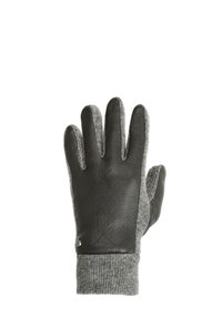 Černá kožená rukavice s šedou pletenou tkaninou; obsahuje texturovanou dlaň, hladký hřbet a kovový prvek na manžetě zápěstí.