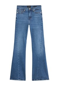 Jeans a zampa d'elefante di colore blu, realizzati in denim, con vita aderente e aperture delle gambe larghe. Il tessuto ha un lavaggio medio con una leggera texture.