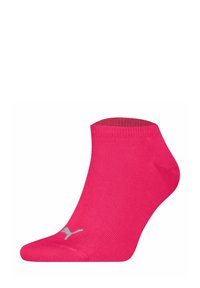 Calcetín de tobillo rosa hecho de tejido texturizado. Presenta un logotipo gris en la puntera y un puño acanalado para un ajuste seguro. Apto para uso atlético.