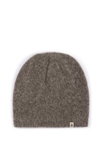 Brown wool beanie with a soft, textured finish. Features a rounded top and sewn logo label at the base. Designed for warmth and comfort.