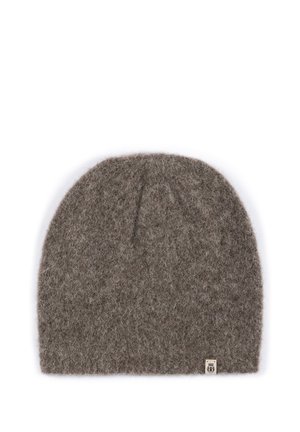 Brown wool beanie with a soft, textured finish. Features a rounded top and sewn logo label at the base. Designed for warmth and comfort.