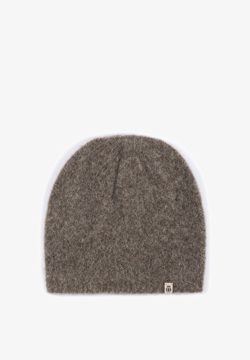 Brown wool beanie with a soft, textured finish. Features a rounded top and sewn logo label at the base. Designed for warmth and comfort.