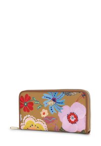 Bloemenportemonnee in bruin met levendige kleuren. Beschikt over een ritssluiting, textiele stof en een klein merkembleem aan de voorkant.