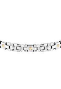 Bracciale in metallo argentato con maglie intrecciate, accenti dorati su alcune maglie, texture liscia e finitura lucida.