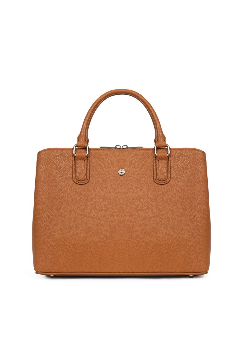 Tan leren handtas met een gestructureerde afwerking, dubbele handvatten aan de bovenkant, zilveren accenten en een ritsluiting. Rechthoekige vorm met ronde hoeken.