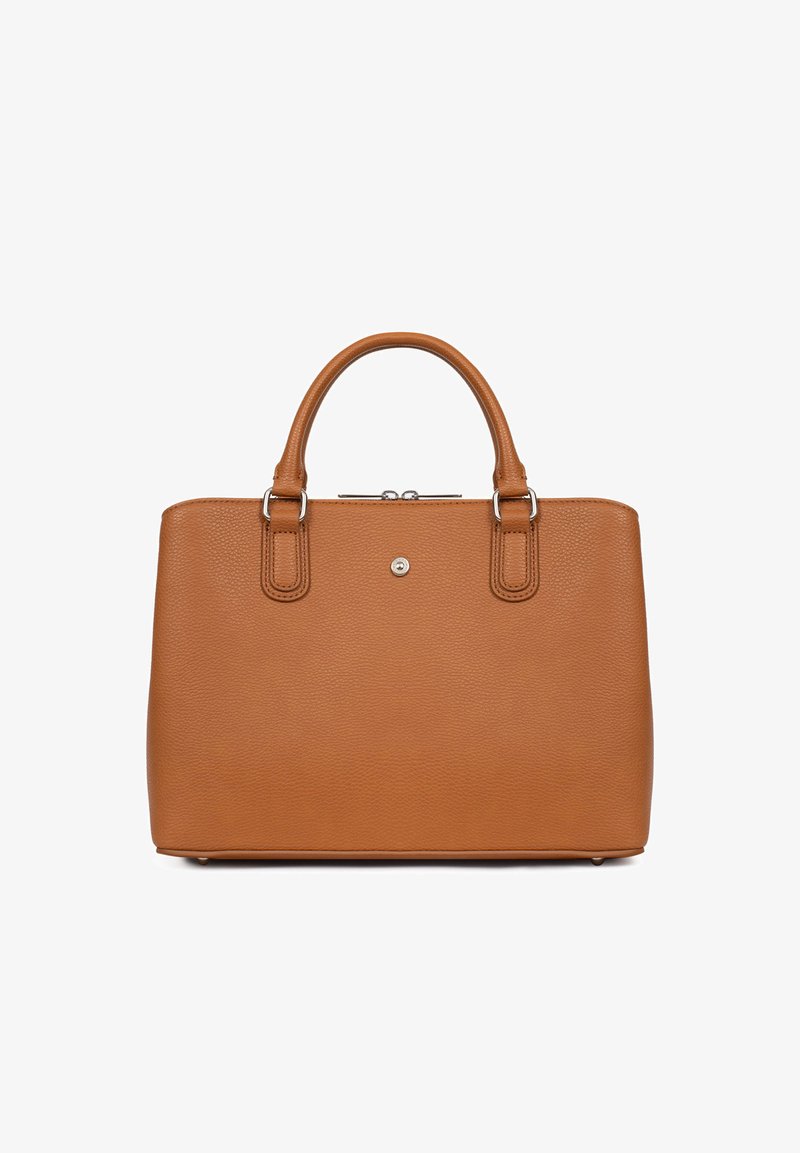 Tan leren handtas met een gestructureerde afwerking, dubbele handvatten aan de bovenkant, zilveren accenten en een ritsluiting. Rechthoekige vorm met ronde hoeken.
