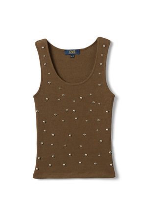 Top marrone in maglia con piccole perline d'argento sparse a decorare la parte frontale e le spalle, caratterizzato da uno scollo a U e design senza maniche.