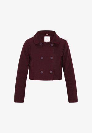 Lyhennetty, kaksirivinen tumman viininpunainen takki, jossa on leveä kaulus ja pitkät hihat, napitettu edessä.