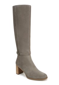 Gray suede knee-high boot with a stacked block heel, featuring a side strap with a metal buckle and a smooth toe design.