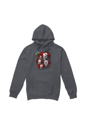 Dark gray hoodie with multiple creepy clown faces with red hair and white makeup, holding multicolored balloons, "IT" text below.