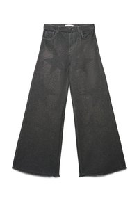 Czarne spodnie typu wide-leg z subtelnymi wzorami w kształcie gwiazdek i surowym wykończeniem brzegów.