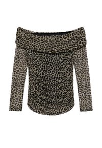 Leopardmuster schulterfreies Oberteil mit langen Ärmeln, drapiertem Ausschnitt, weicher Textur und gerafften Details an der Taille.