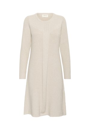 Light beige knitted dress with long sleeves, rounded neckline, ribbed texture, and subtle pleat detailing along the front.