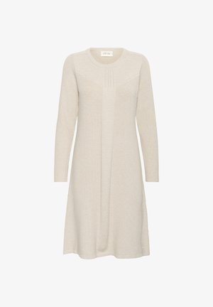 Light beige knitted dress with long sleeves, rounded neckline, ribbed texture, and subtle pleat detailing along the front.