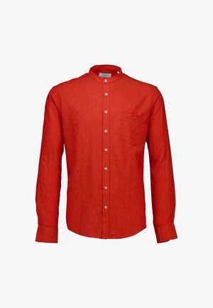 Rood katoenen overhemd met lange mouwen, gemaakt van linnen, met een mandarijnkraag, één borstzak en een gestructureerde stofafwerking.