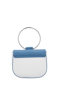 Blue and white leather handbag featuring a rounded metal handle, smooth texture, and a flap closure at the top.