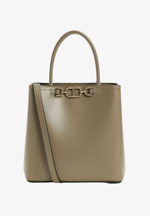 Borsa a mano in ecopelle effetto opaco verde khaki con forma strutturata, doppi manici superiori e dettaglio hardware dorato sulla parte anteriore.