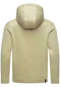 Felpa con cappuccio in beige chiaro, caratterizzata da un tessuto testurizzato e a coste. Progettata con maniche lunghe e un cappuccio strutturato e arrotondato.