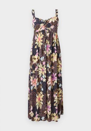 Ærmeløs maxikjole med sort baggrund og stort blomsterprint i flere farver, med hjerteskåret udskæring og bindedetalje foran.