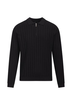 Sort genser med krage og halv glidelås. Har vertikale ribbestrikkede teksturer og lange ermer.