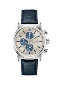 Orologio cronografo con cassa in acciaio inox argentato, quadrante crema con texture, tre sotto-quadranti blu e cinturino in pelle di coccodrillo blu scuro.
